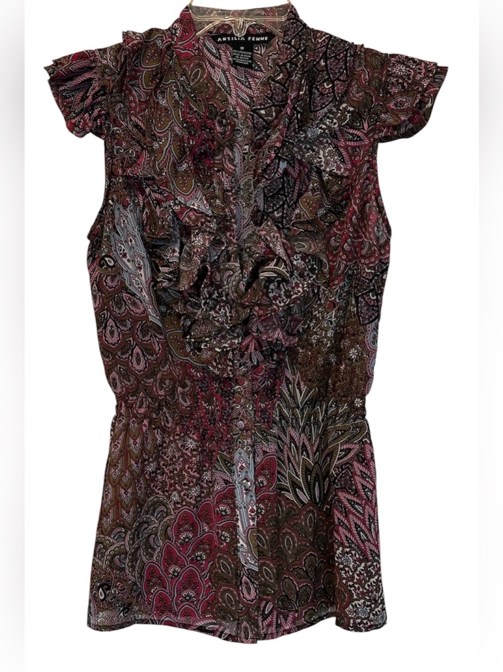Antilia Femme Multi-Color Paisley Ruffle Cap-Sleeve Blouse